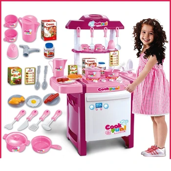 

[Funny] 25 kinds tableware fittings Arrival Child Classic Pretend Play imitate chef light Kitchen Sets COOK FUN game girl gift