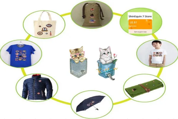 Модная одежда из ПВХ с нашивками Футболка с принтом кота и карманом с теплопередачей наклейки для одежды для девочек