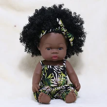 

35cm African Reborn Baby Doll Long Curl Hair Baby Doll Summer Dress Full Silicone Black Reborn Bebe Toys Doll Gift