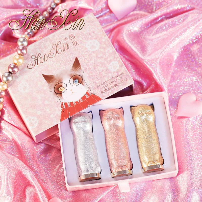 

3pcs Cat paw Lipstick Set Korean Cute Kitty Waterproof Moisturizing Lip stick Makeup Shimmer Glitter Lipgloss Claw Makeup Batom