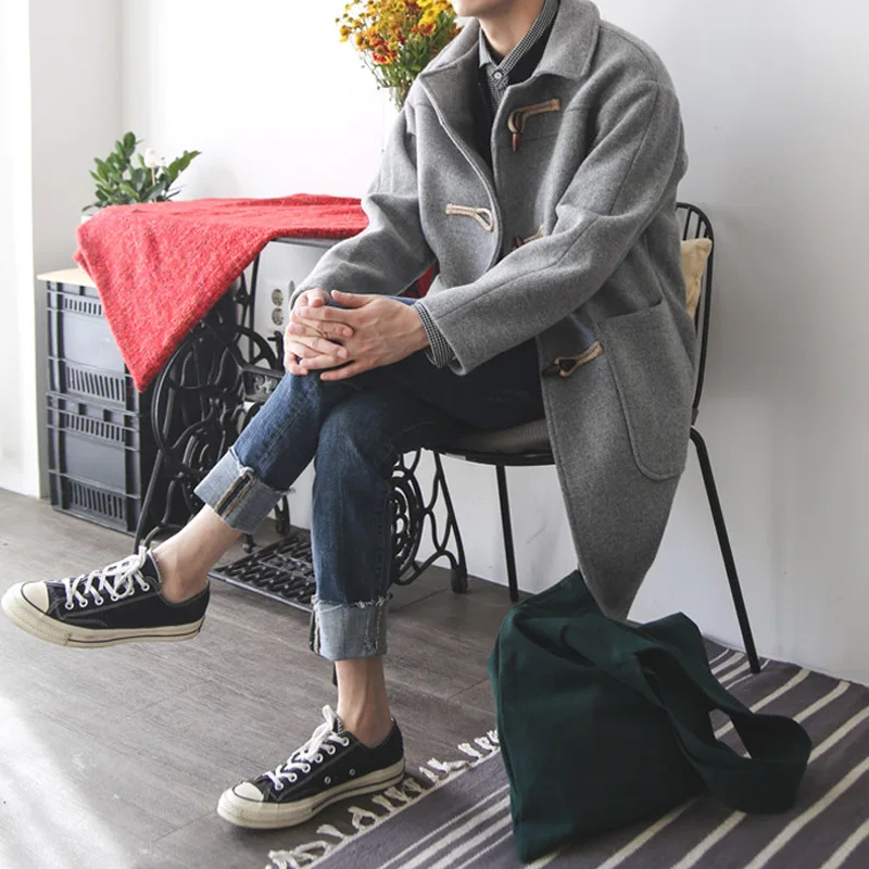 

2018 Autumn And Winter New Style Men Korean-style Classic Toggle Woolen Coat College Style Mid-length Trench Coat Coat Fashion