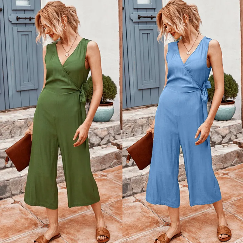 

Boho Summer Sexy Elegant Sleeveless Jumpsuit Rompers Women Evening Party Night Bandage Wide Leg Pants Overalls Female 2020