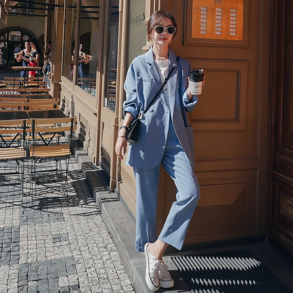 

Photo Shoot 2019 Autumn New Style Korean-style WOMEN'S Wear Retro Young-Style Suit Jacket + High-Waist Pants Two-Piece Set