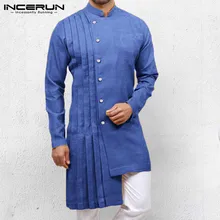 INCERUN Vintage hombres Irregular camisa 2019 estilo étnico cuello alto sólido manga larga Kaftan Camisa larga hombres India ropa S-5XL