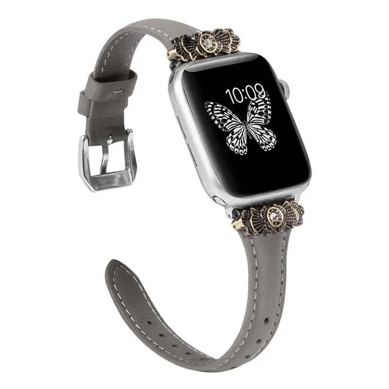 Кожаный ремешок для Apple Watch 38 мм 42 мм iWatch женский тонкий металлический с уникальным декоративным ремешком браслет для iwatch серии 4 3 2 1 - Цвет ремешка: Grey