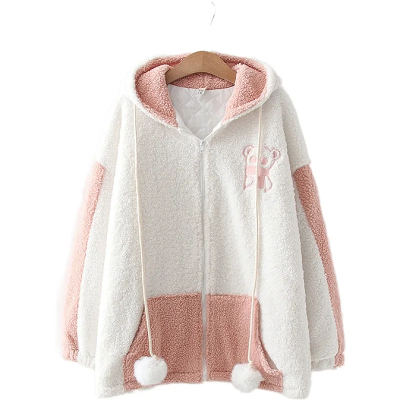 

Winter Women's Loose Preppy Style Pompom Drawstring Hooded Fleece Thick Plus Velvet Warm Cotton Jackets Outerwear Coats 2011340
