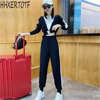 

2020 autumn winter Europe Fashion Female Tracksuit Set Women Designers Zipper Knit Jacket+ Pants Suit 2Piece Sets