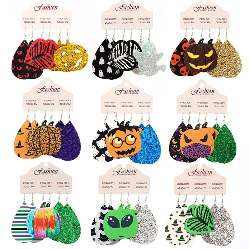 Cute Pumpkin Alien Leather Glitter Sequins Dangle Drop Earrings Set Classic Halloween Funny Ghost Jewelry All Saints&amp#39 Day Gift |