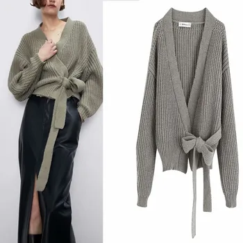 

Autumn/Winter 2020 Za Women's Fashion Loose Warm Sweater With Belt Short V-neck Knit Cardigan Jacket Women's Top