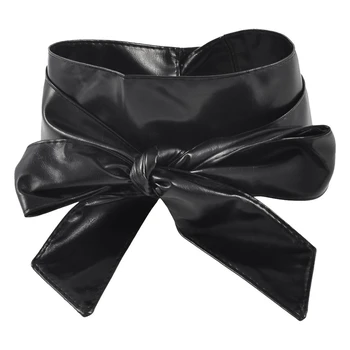 

Wrap Around Self Tie Faux Leather Obi Cinch Waist Belt Band Black 2.1M for Lady