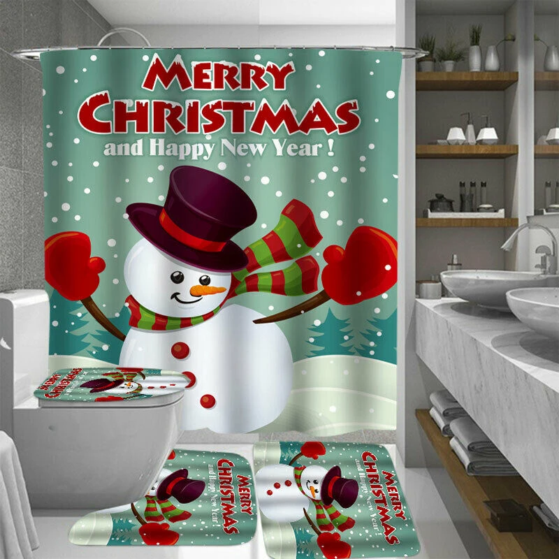 Christmas Series snowman Printed Waterproof Bathroom Shower Curtain Toilet Cover Mat carpet Set 3pcs/4pcs navidad natal