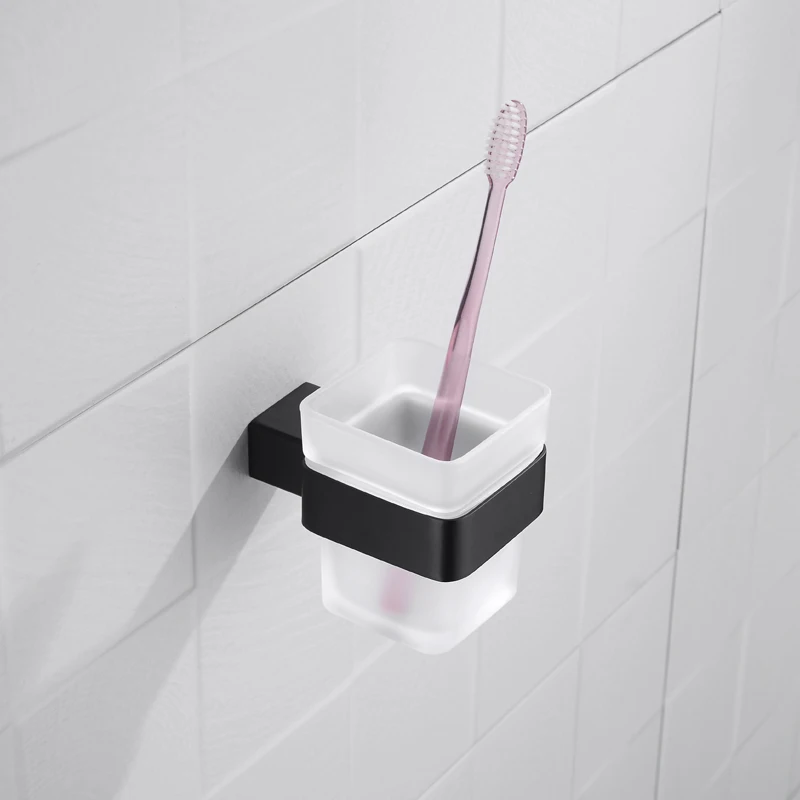 Toothbrush Holder Toothbrush Glass Cup Home Hotel Toilet Frosted Glass Cup Square Stainless Steel Wall Mounted Bathroom