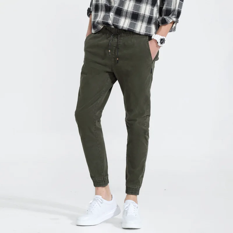 

18 Spring And Autumn Men's Washing Casual Pants European And American Minimalist Retro Drawstring Elastic Waist Beam Leg Harem S