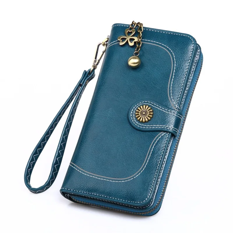 

Fashion Chains Wallet Women Retro Oil Wax Skin Leather Wallets Multifunction Female Purse Long Big Capacity Card Holders Purses