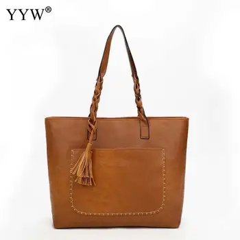 

Brown Pu Leather Tassels Handbag For Women Casual Top Handle Hand Bags Twist Weaving Strip Fashion Soft Surface Large Shoulder