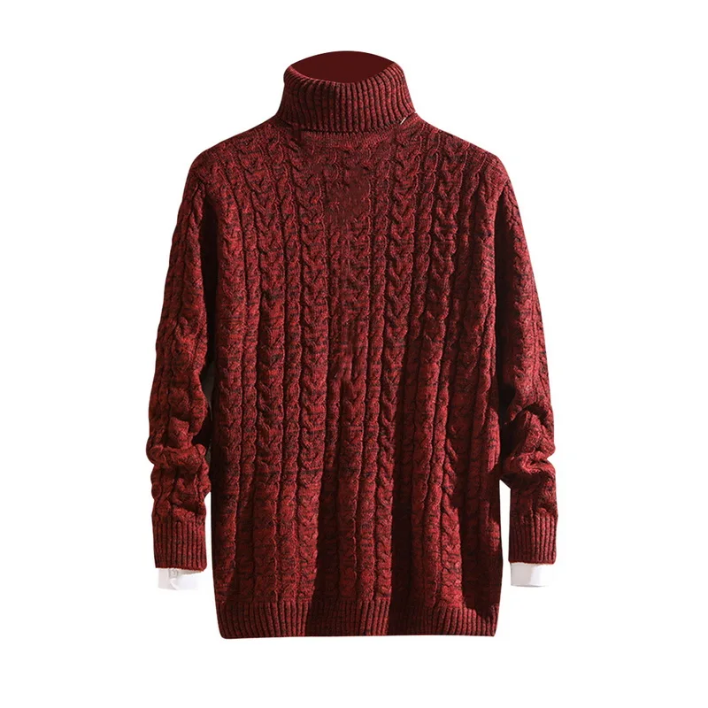 

PUIMENTIUA Winter Solid Color Cable-knit Turtleneck False Two-piece Sweater High Neck Thick Warm Slim Fit Pullover Men Sweater