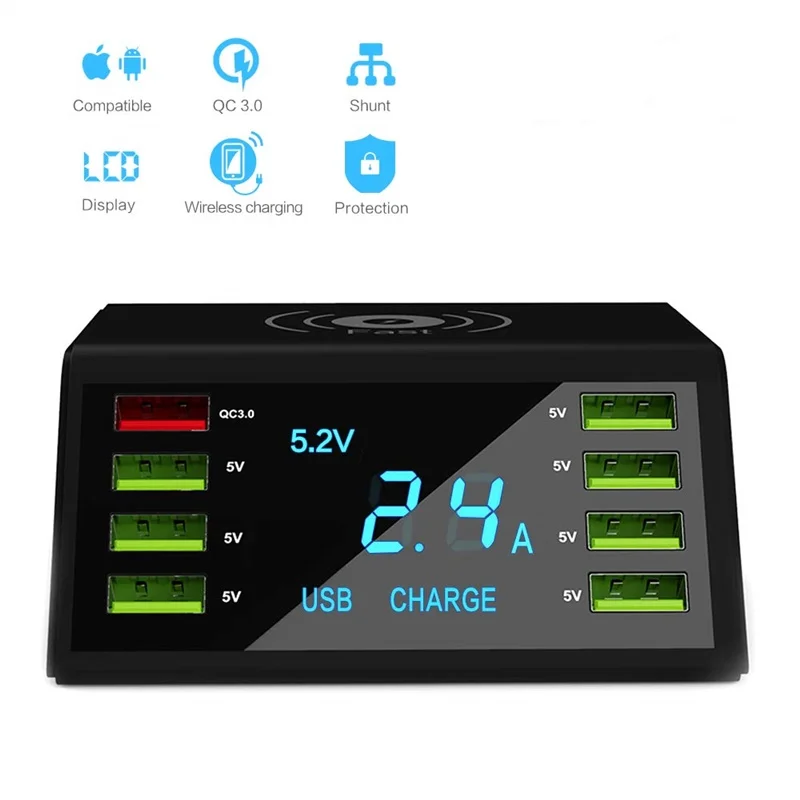 Cargador inalámbrico Tongdaytech Multi 8 puertos USB Lcd Qi para Iphone X 8 Plus cargador rápido 30