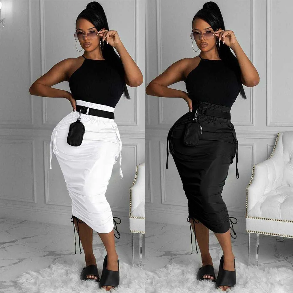 New 2022 Women High Waist Pocket Side String Draped Bodycon Midi Skirts for Streetwear Black White Skirt end of watch pocket