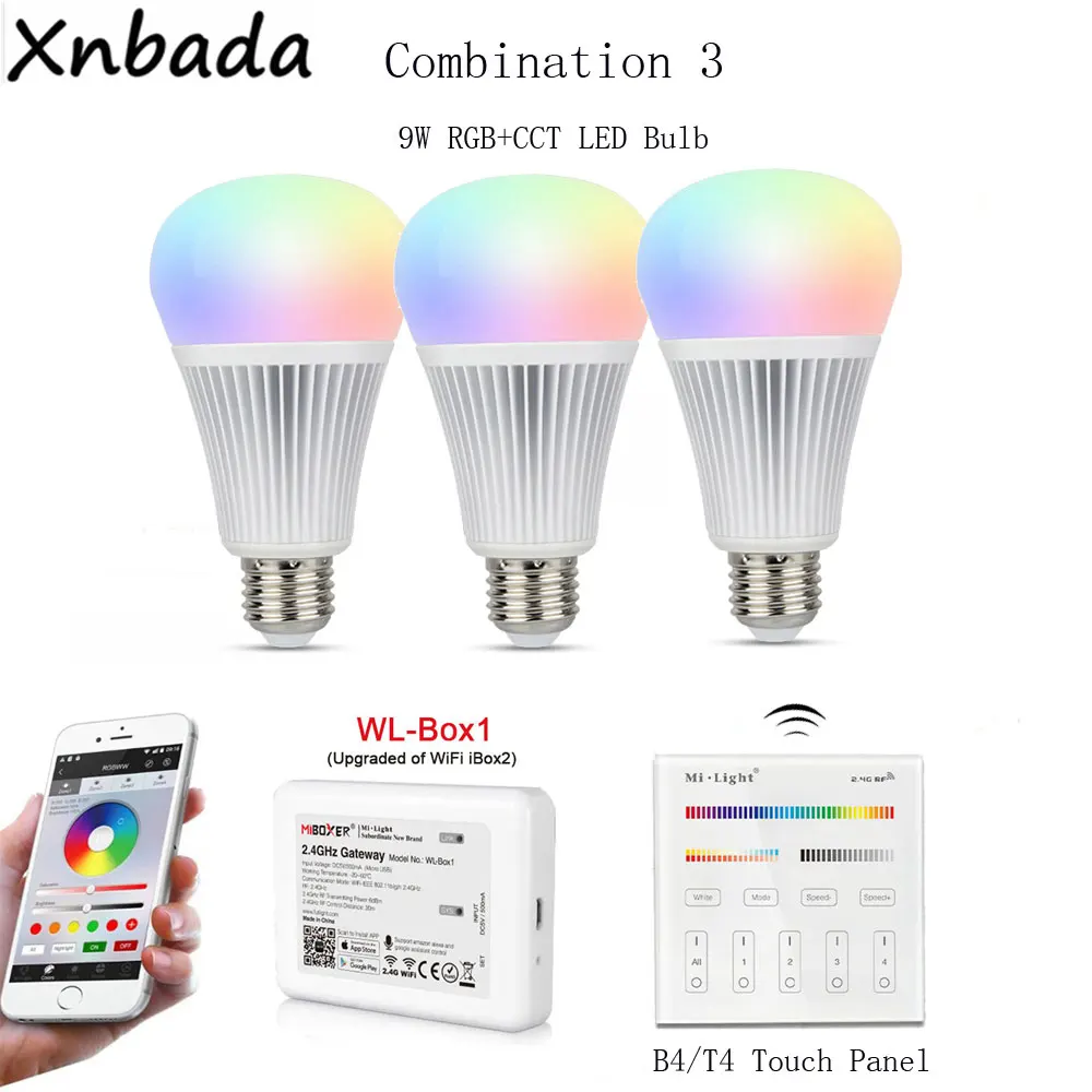 Milight светодиодные лампы 9W RGBCCT+ WL-Box1 светодиодный контроллер DC5V+ 2,4G B4/T4 4-Зона RGB+ CCT сенсорный Панель пульт дистанционного управления