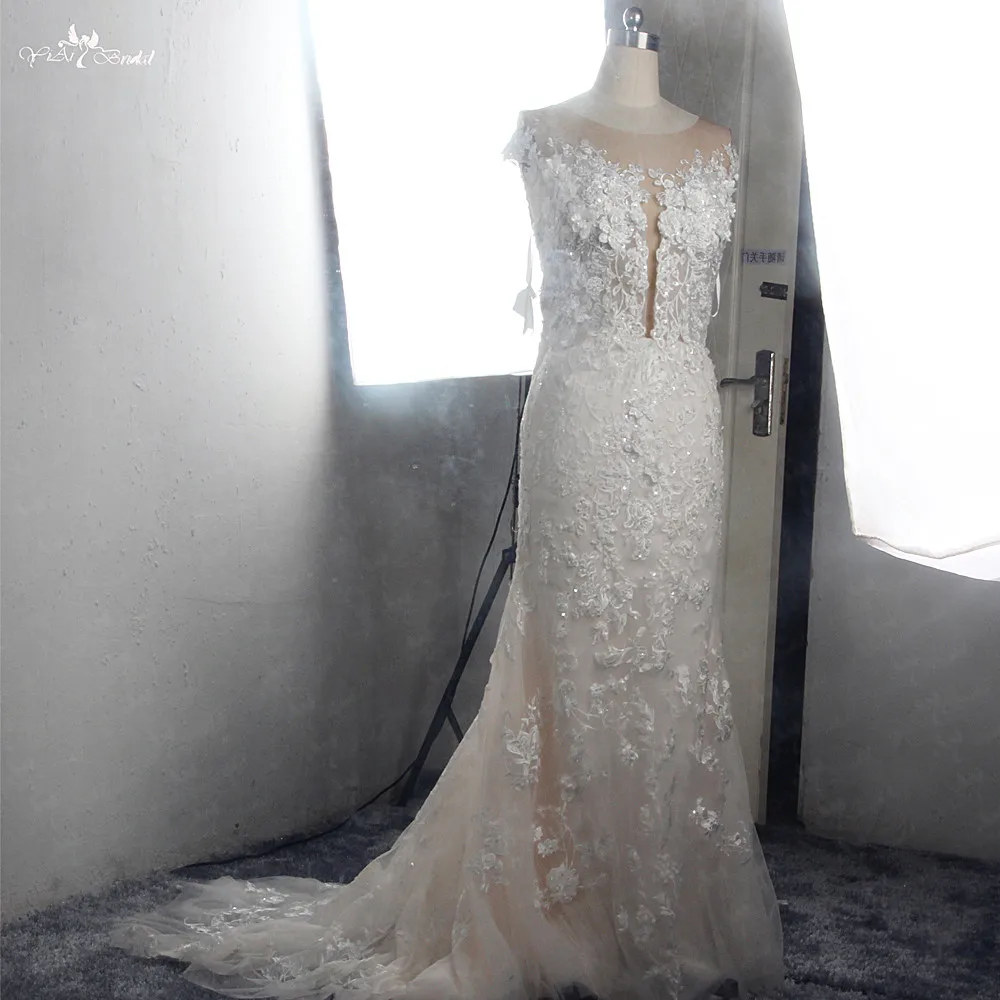 RSW1557 Шампанское Русалка Свадебные платья прозрачные сзади Robe de mariee винтажное кружевное цветочный свадебный платье с длинными рукавами