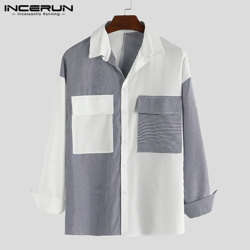 INCERUN Fashion Shirt Men Striped Patchwork Long Sleeve Pockets 2020 Camisa Loose Streetwear Lapel Chic Casual Shirts Men S-5XL