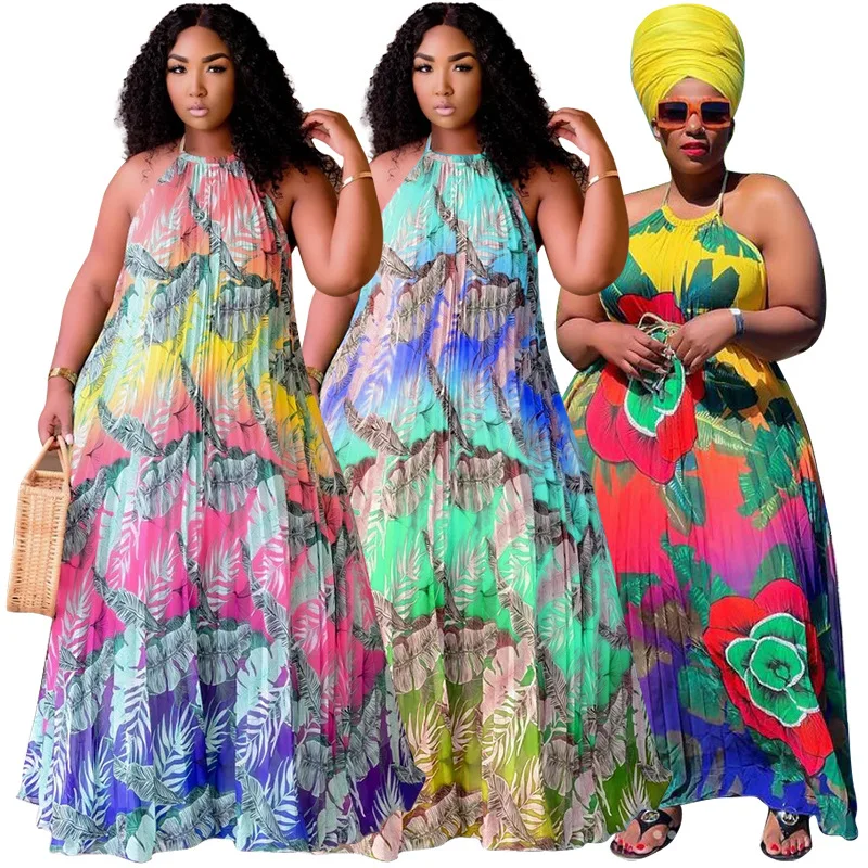 Large Size Women Dresses Floral Printing Halter Fashion Big Swing Loose Long Dress Plus Size Summer Holiday Clothes Vestido 2021