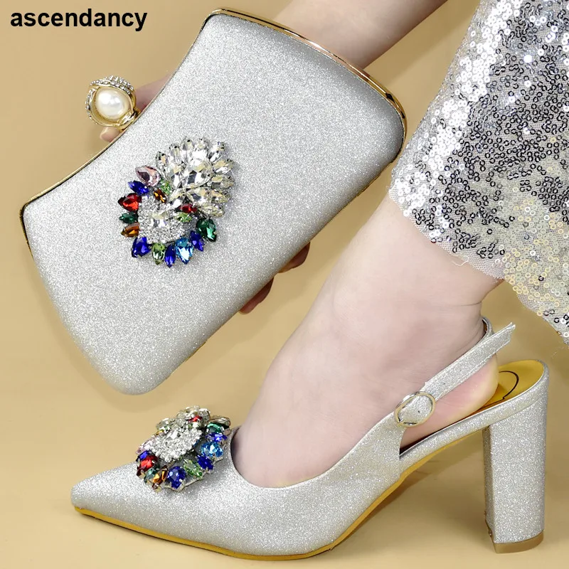 

New Ladies Italian Shoes and Bag Set Decorated with Rhinestone Shoe and Matching Bag for Nigeria Party Women High Heels Elegant