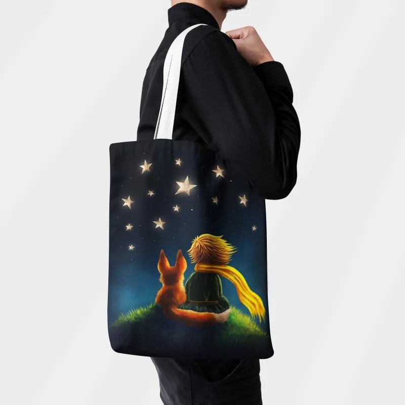 Little Prince Printed Shopping Bag For Unisex Fashion Casual Canvas Shoulder Bag Women Harajuku Simple Eco Reusable Handbags