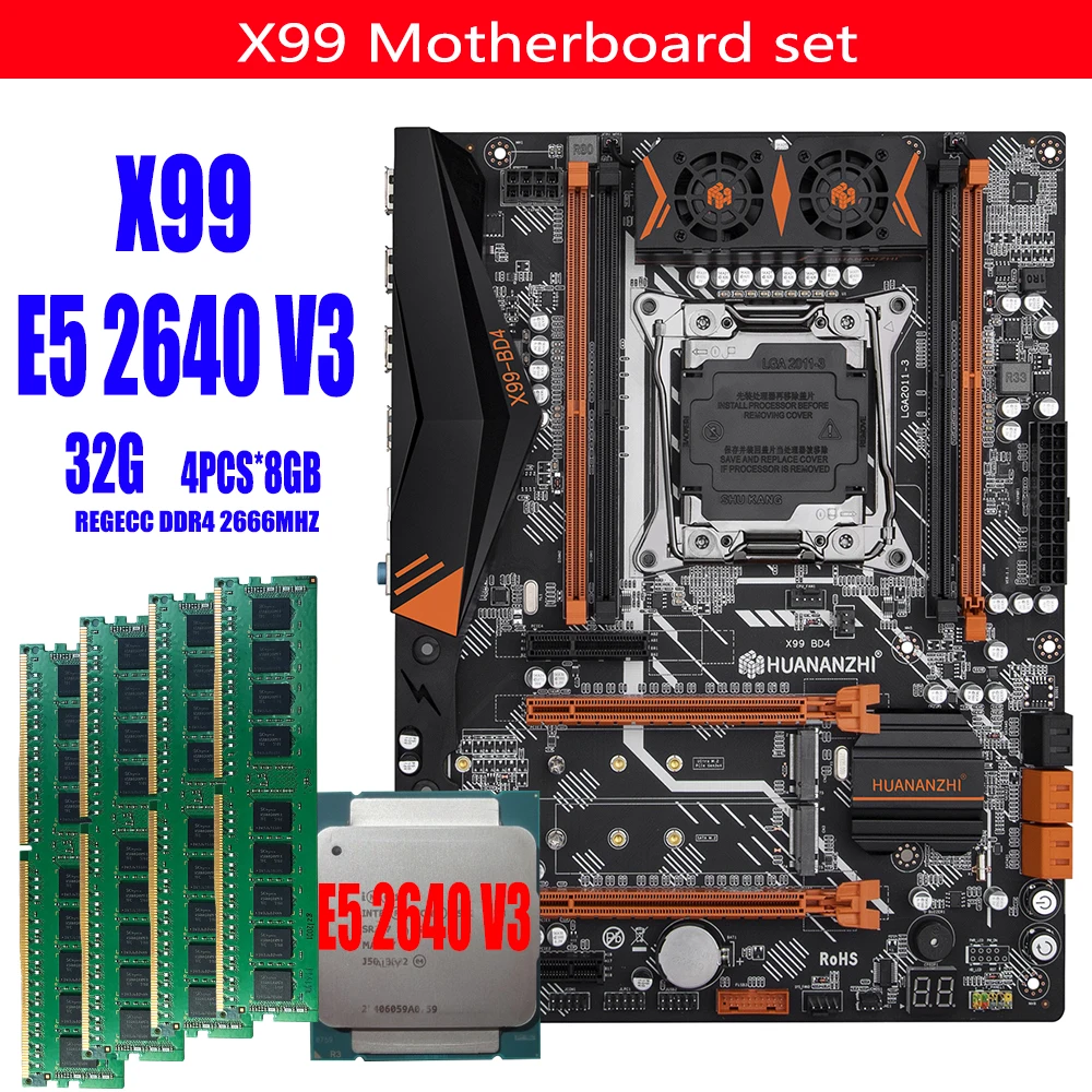 Комплект материнской платы HUANANZHI X99 E5 2640 V3 LGA2011-3 CPU 4X8GB = 32GB 2666MHz DDR4 память |