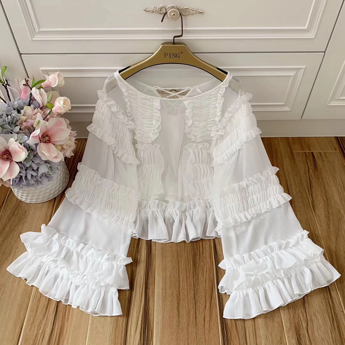 

Red RoosaRosee Designer Runway High-end Women Autumn Spring Sexy Bandage Long Flare Sleeve White Blouse Shirt Vacation Beach Top