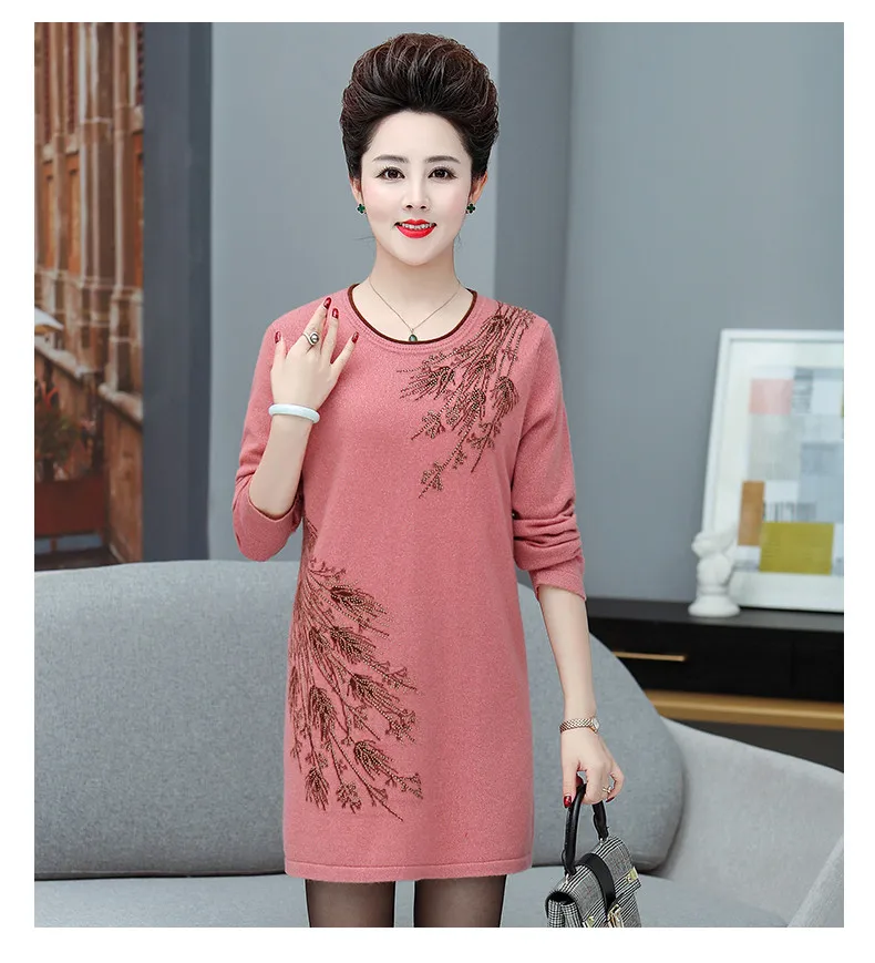XJXKS, модный, с принтом, темперамент, алмаз, женский длинный свитер,, осень, зима, новинка, шерсть, вязаное платье, Женский пуловер