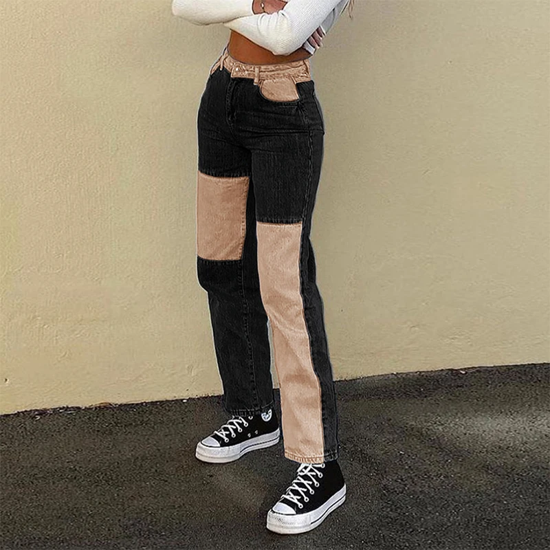 Grey Patchwork Straight Mom Jeans Woman High Waist Pockets Boyfriend Classic Streetwear Black Pants 90s Loose Denim Iamhotty 2