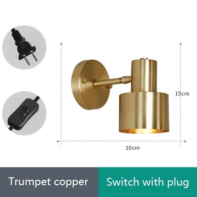 S copper Plug switch Простой светодиодный настенный светильник Лофт Декор Современный Бра настенный светильник s Железный медный Золотой Регулируемый прикроватный настенный светильник Домашний Светильник - Цвет абажура: S copper Plug switch