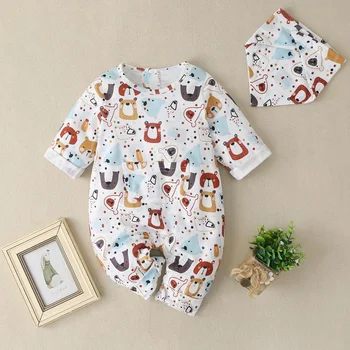 

Newborn Infant Baby Boys Girls Romper Colorful Cartoon Bear Jumpsuit Bib Set Clothes Baby Long Sleeve Tops+bib 2pcs Clothes Set