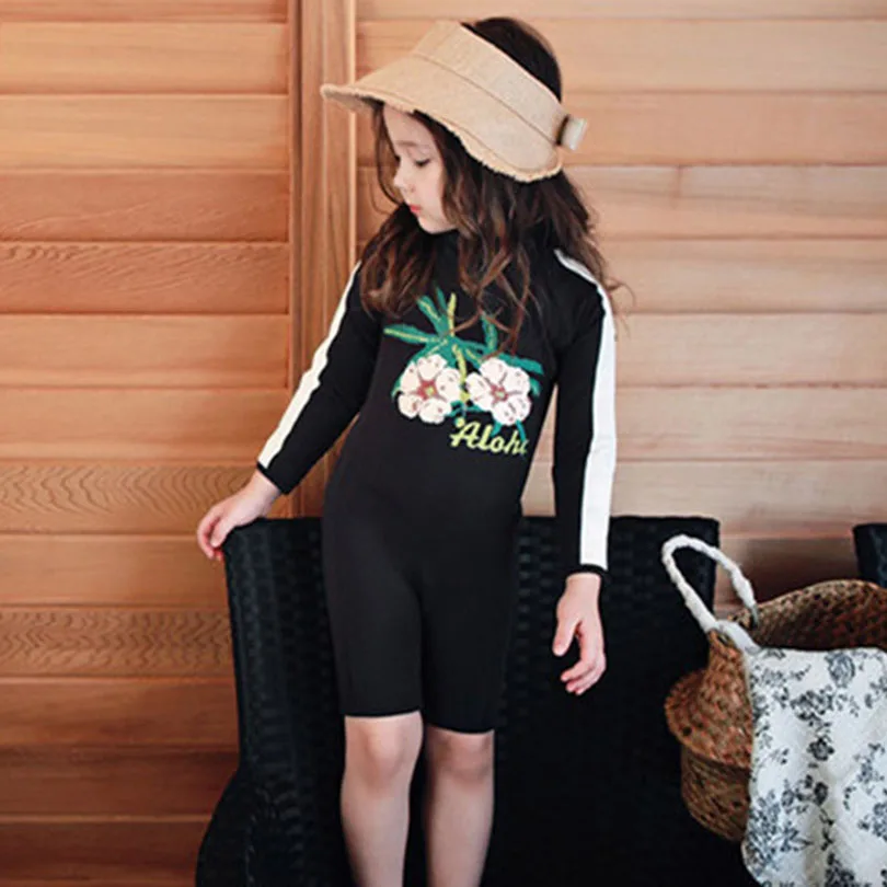One Piece Children's Beach Swimwear for Girl Hawaii Tropical Sports Black Swimsuit Girls Swim Suit Jumpsuit CDFS34