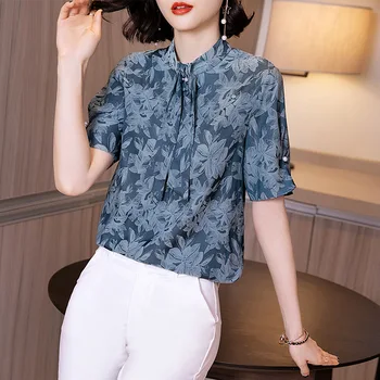

Women Summer Stand Collar Fashion Printed Chiffon Shirt Floral Breathable Half Sleeve Beading Blouse Top Female Plus Size Shirt
