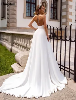 

Thinyfull 2021 Boho Wedding Dresses Halter Beaded Satin Beach A-Line Beaded Princess Bridal Gowns Vestidos Mairage Gowns