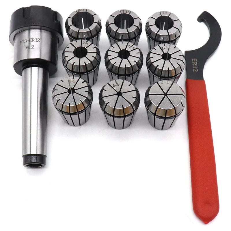 9Pcs Er32 Spring Collets Set 2/4/6/8/10/12/16/18/20Mm+ 1Pcs Mt3 M12 Er32 Collet Chuck Morse Taper Holder Collet Power Tool Set