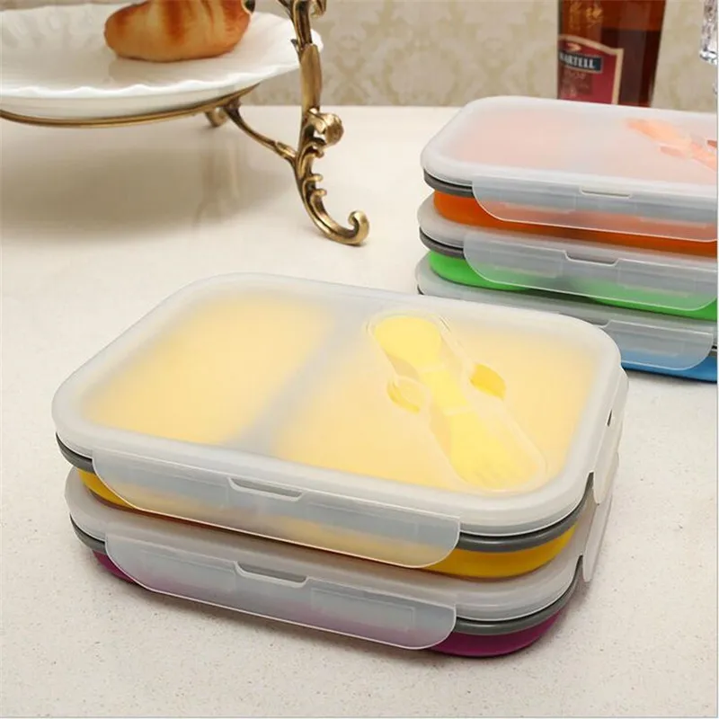 Силиконовый складной Ланч бокс контейнер для хранения еды Bento BPA Free Microwavable