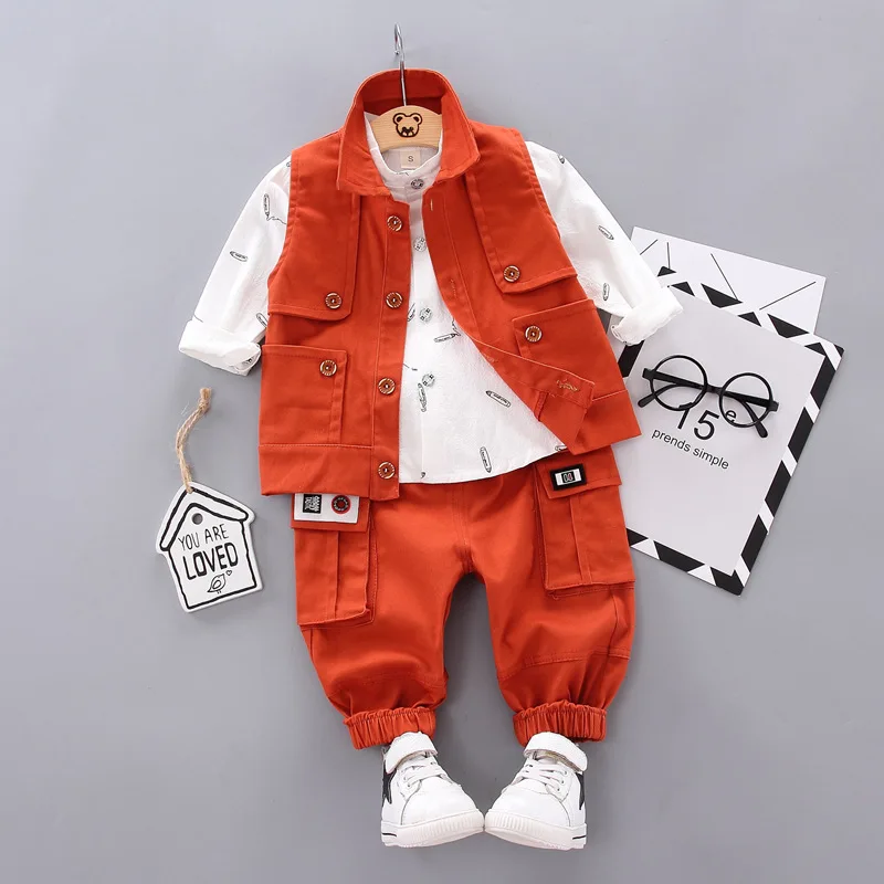 

2019 Baby Boy Autumn Tooling Suit Korean New Casual Vest + Long-Sleeved Shirt + Pants Baby 3Piece Bebes Jogging Suits Sportswear