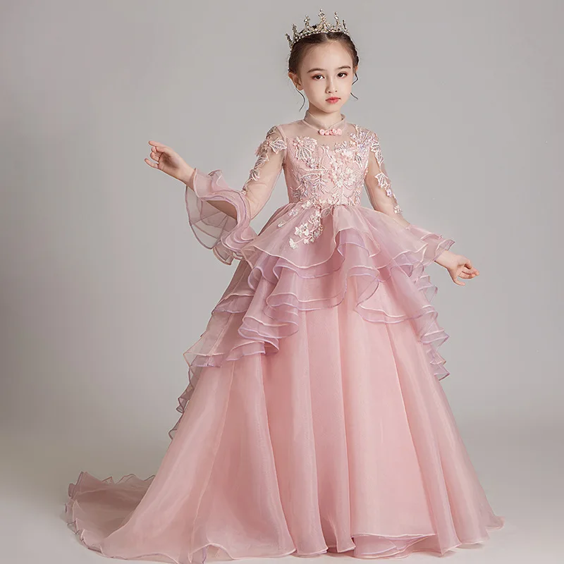 

Little Girl Tailing Princess Dress Dresses of Bride Fellow Kids Girls Catwalks Puffy Yarn Children Host Piano Costume Spring