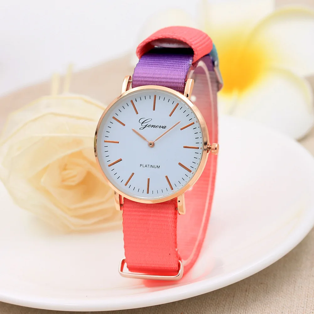 

Rainbow Nylon Stripes Watch Strap Geneva Watch Women's Two Needle Universal Watch Gradient Color WOMEN'S Watch