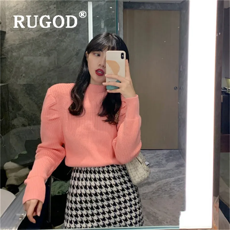 RUGOD осень-зима вязаный женский свитер Повседневный прочный фонарь рукав теплый пуловер Женская мода о-образный вырез розовый трикотаж