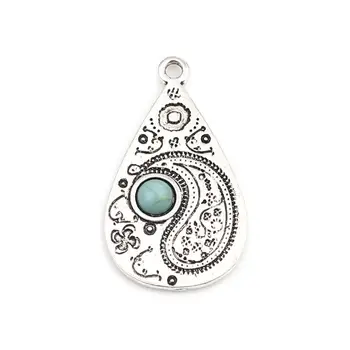 

DoreenBeads Zinc Alloy & Acrylic Pendants Bohemian Drop Antique Silver Color Green Blue Stone DIY Jewelry 33mm x 19mm, 5PCs