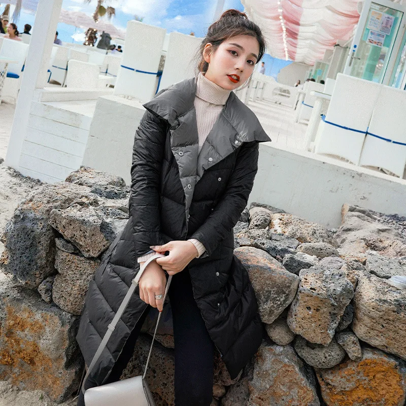 Luzuzi, Женская двухсторонняя длинная куртка, зимняя двубортная теплая парка, белое пуховое пальто - Цвет: silver down jacket