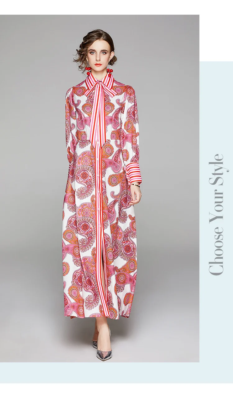 Banulin Autumn Fashion Runway Maxi Dress Womens Long Sleeve Collar Belted Gorgeous Printed Elegant Holiday Vintage Long Dress