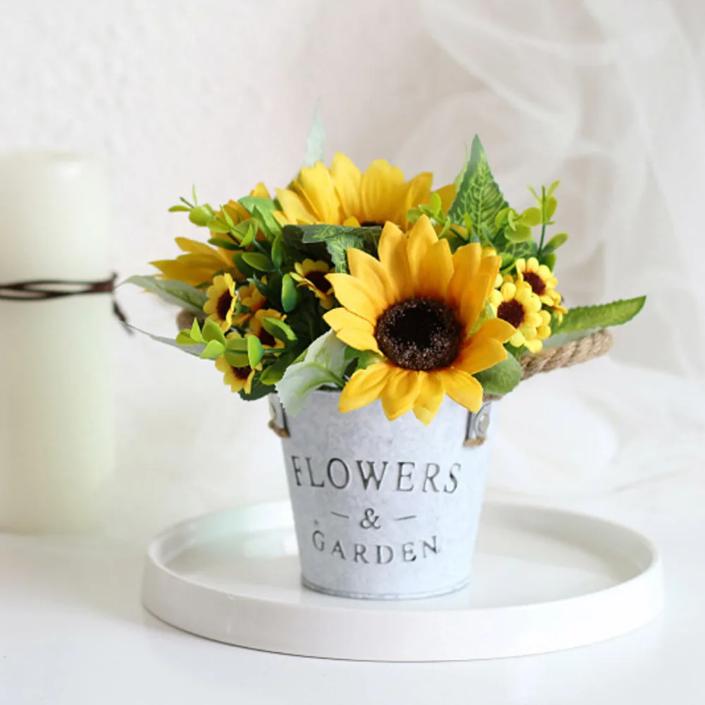 Sun Flower Metal Pot Bonsai Ornaments Plant Set Decorations Tin Bucket Artificial Daisy Bouquet With Vase Retro Sunflower | Дом и сад