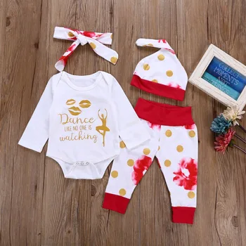 

2019 Autumn Baby Girl Adorable 4pcs Set Long Sleeve Romper and Dot Print Trousers with Hat and Headband Children Outfits Clothes