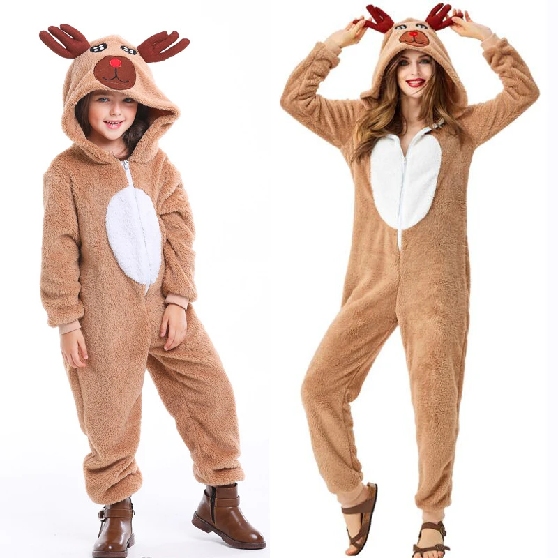 2019 Elk Pajamas Female Animal Pajamas Winter Spot Adult Kids Cartoon Pajamas Unisex Warm Winter Hooded Flannel Homewear
