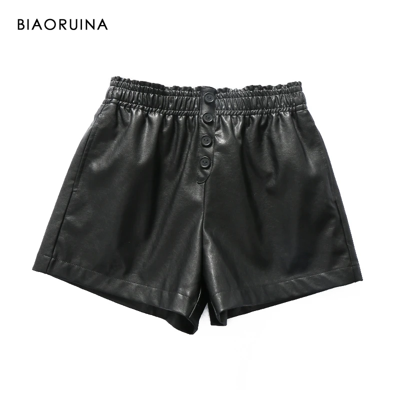 

BIAORUINA Women's Vintage All-match Korean Style Elastic High Waist Black PU Shorts Female Casual Fashion Short Buttons